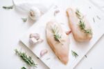 Top view of raw chicken breasts with rosemary and garlic, perfect for culinary ideas.